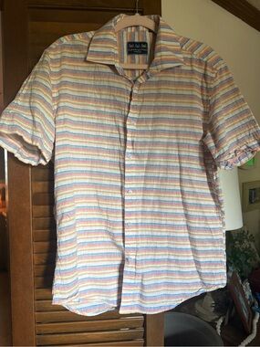 Charleston Threads short sleeve stripe shirt linen/cotton blend size Large EUC